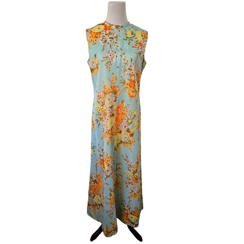 Vintage 60s 70s Floral Maxi Dress Aqua Orange Yellow Sleeveless Mod Knit Column